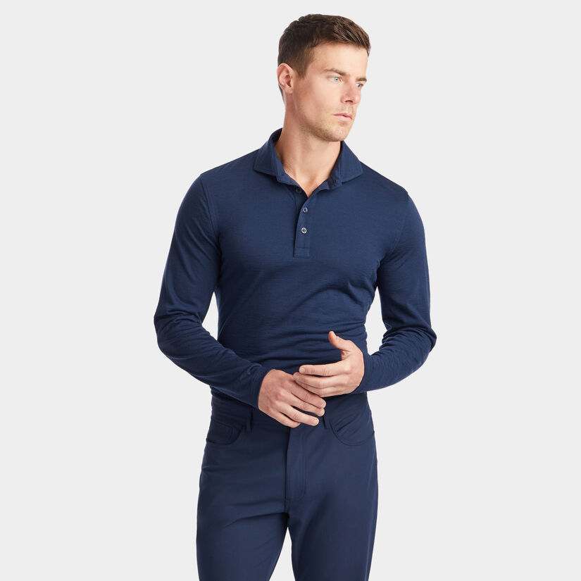TECHNICAL PERFORMANCE FINE WOOL MODERN SPREAD COLLAR LONG SLEEVE POLO