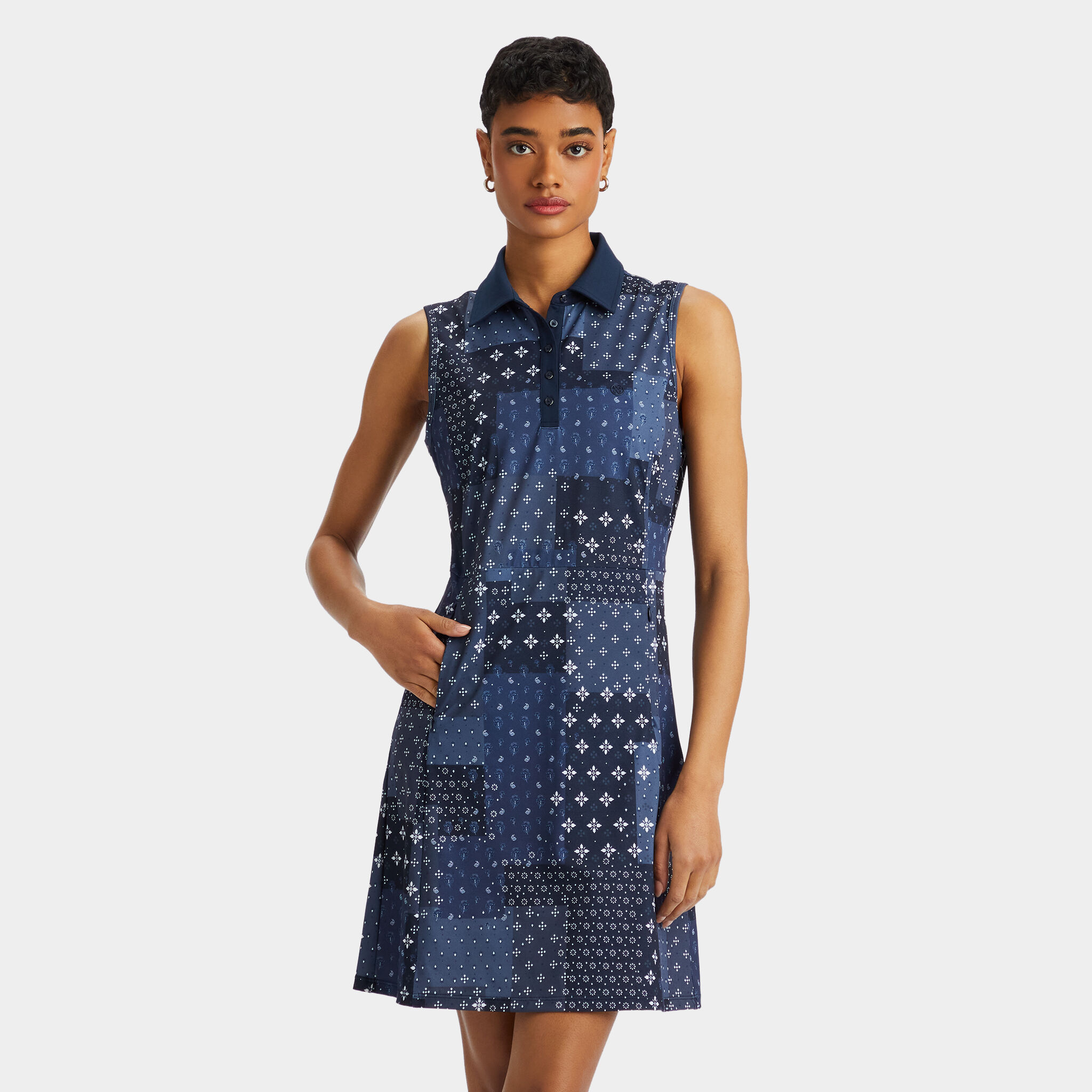 BORO PRINT PIQU SLEEVELESS POLO DRESS G FORE