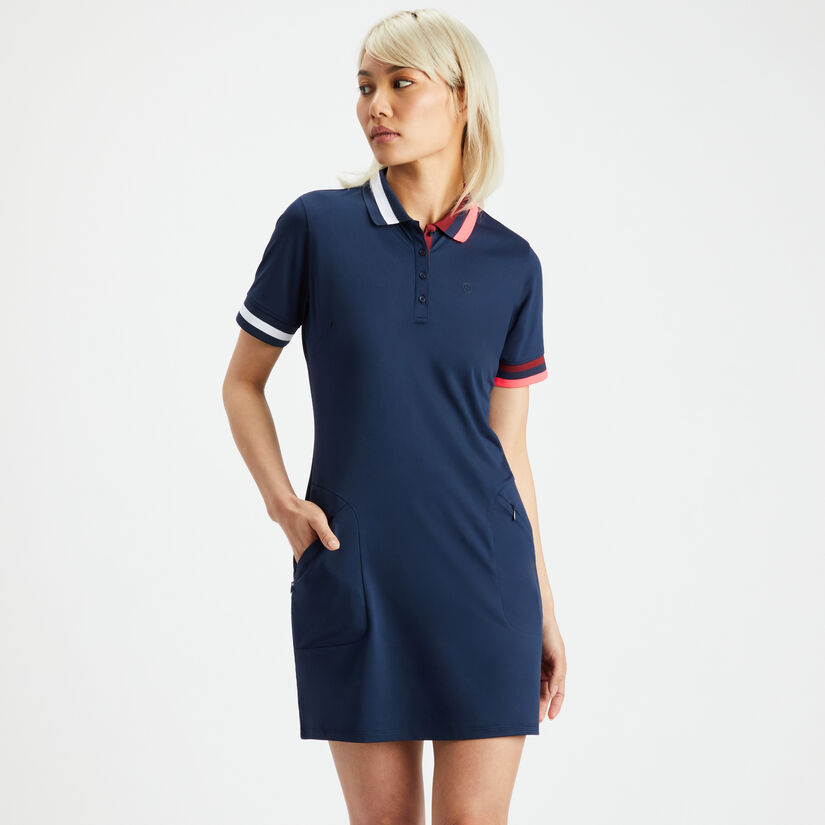 CONTRAST COLLAR LIGHTWEIGHT TECH PIQUÉ POLO DRESS image number 3