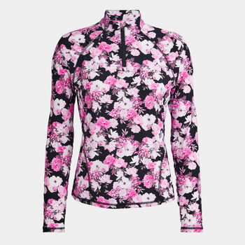 PHOTO FLORAL SILKY TECH NYLON RUCHED QUARTER ZIP PULLOVER