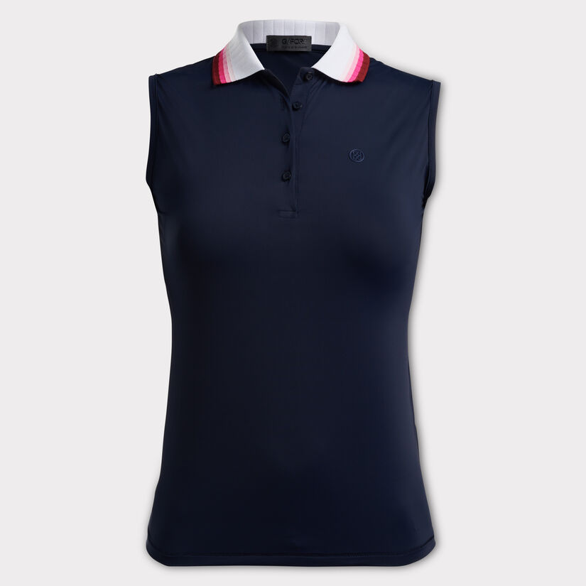 RIB PLEATED COLLAR SILKY TECH NYLON SLEEVELESS POLO image number 1